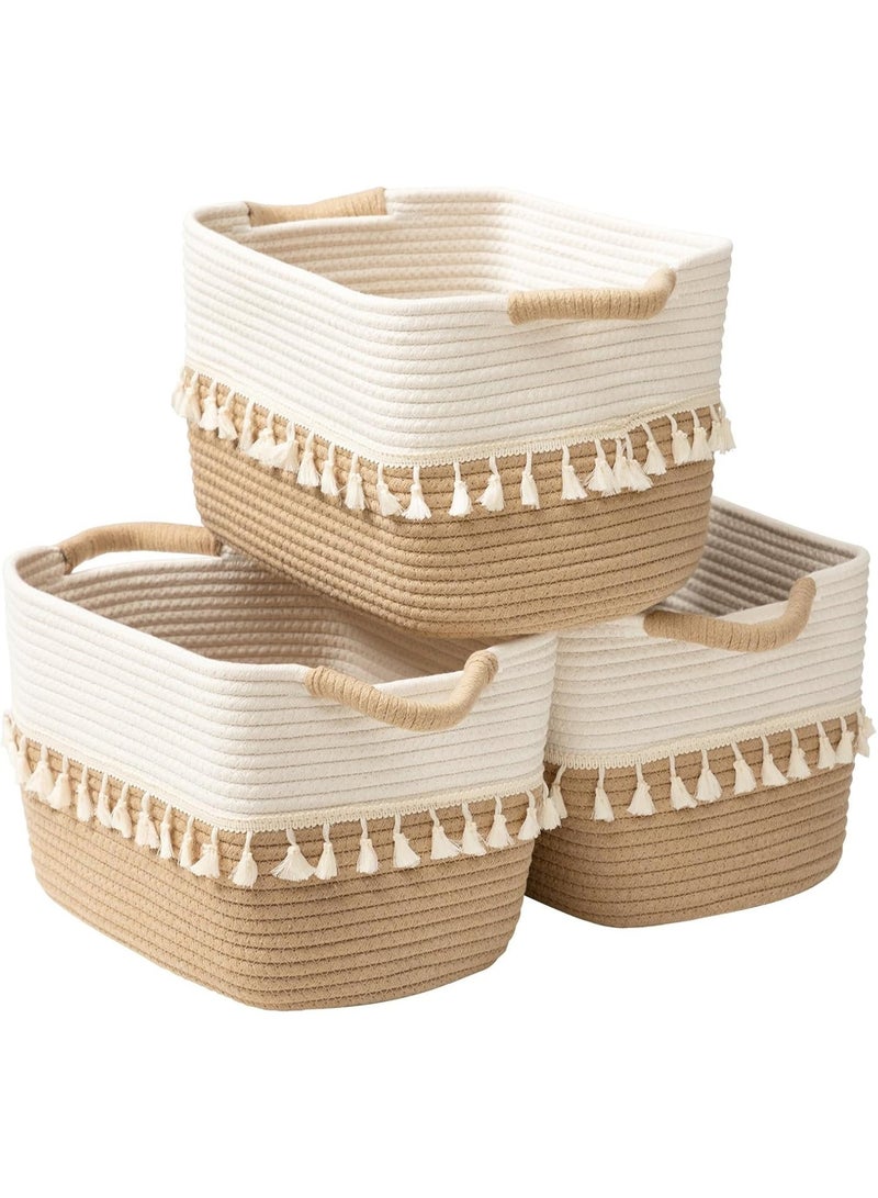 Bukela Storage Bin Set of 3, Cotton Rope Basket for Storage, Clothes Boho Basket Bin for Organizing, Fabric Basket for Books, Plants, Pet Treats, White & Jute - Image 1